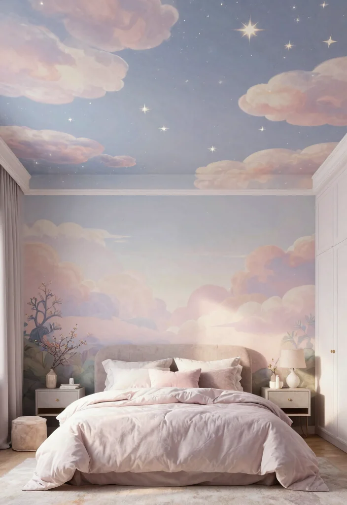 17 Wallpaper on Ceiling Bedroom Ideas: Bold Design Statement - 15. Whimsical Murals 1