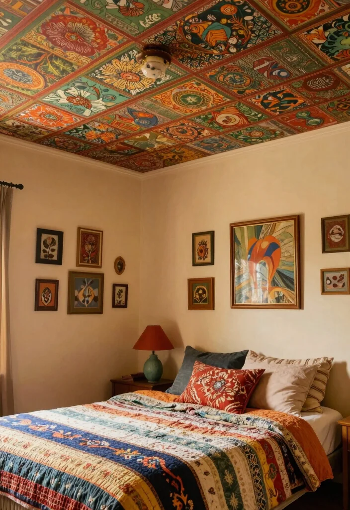 17 Wallpaper on Ceiling Bedroom Ideas: Bold Design Statement - 16. Eclectic Vintage Mix 1