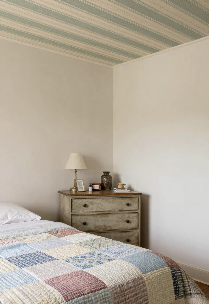 17 Wallpaper on Ceiling Bedroom Ideas: Bold Design Statement - 6. Vintage Stripes for a Classic Touch 1