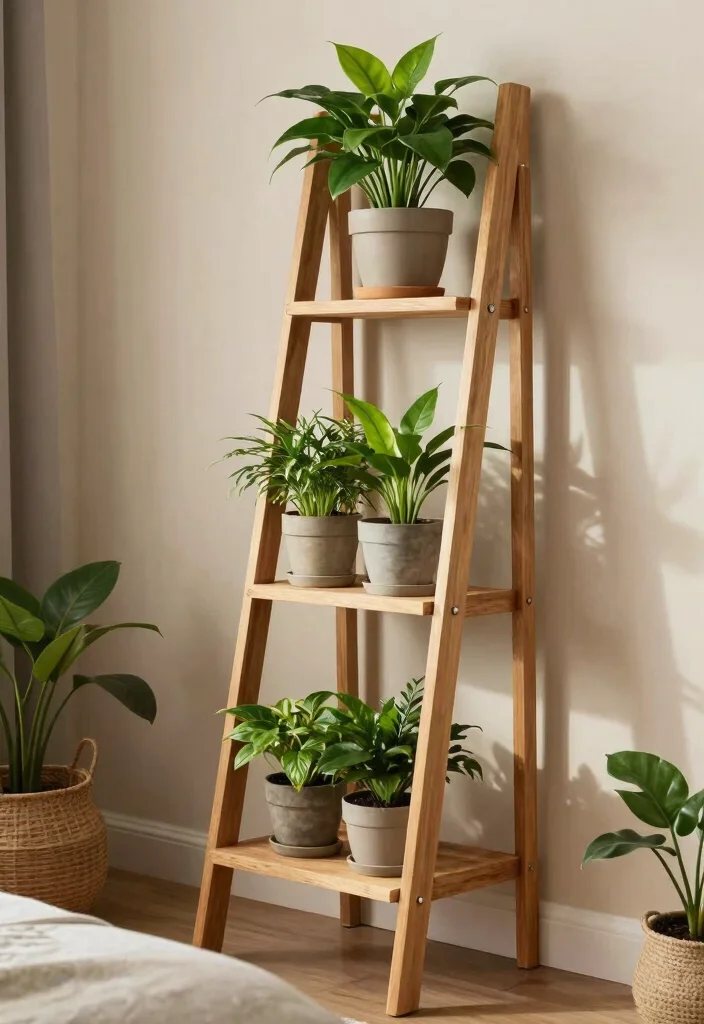 18 Bedroom Ideas With Plants Fresh Calm Aesthetic - 16. Plant Ladder Stand 1