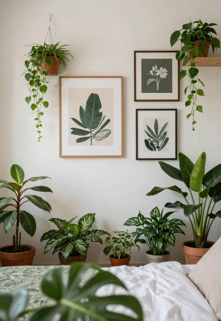 18 Bedroom Ideas With Plants Fresh Calm Aesthetic - 9. Greenery and Art Fusion 1