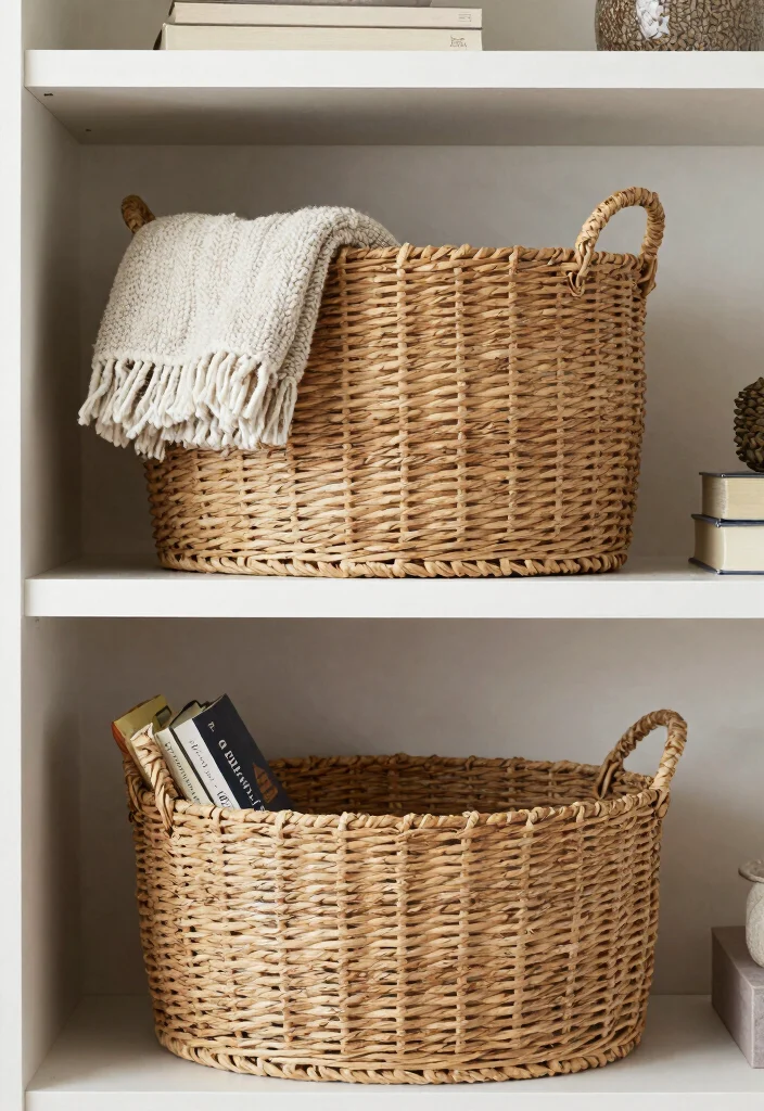 18 Bedroom Shelf Decor Ideas Styled Practical Displays - 13. Layering with Baskets 1