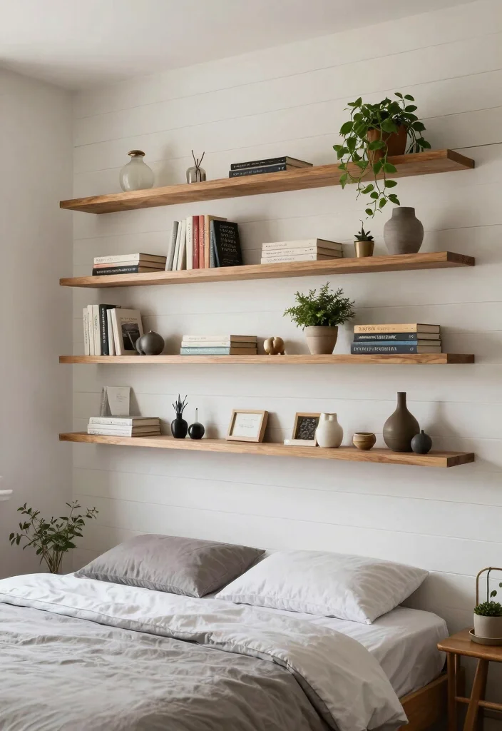 18 Bedroom Shiplap Accent Wall Ideas: Farmhouse Modern Blend - 15. Shiplap with Open Shelving for Added Function 1