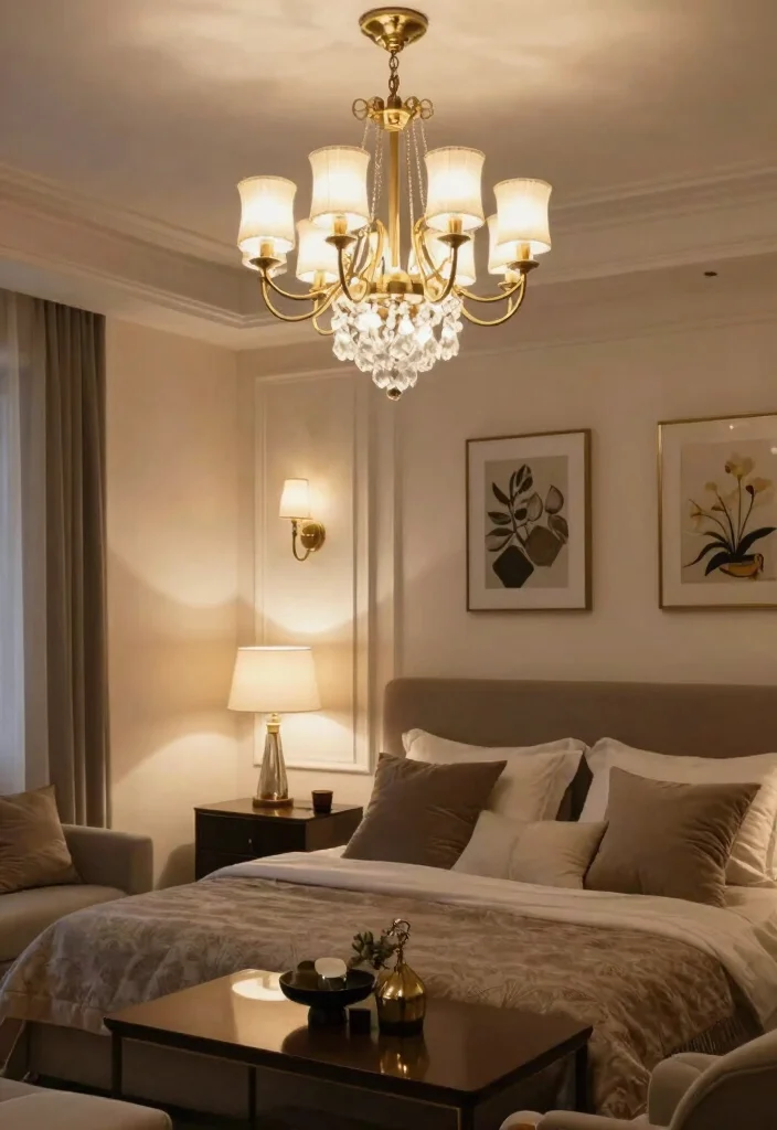18 Bedroom With Lounge Area Ideas for Hotel Style Comfort - 9. Layered Lighting 1