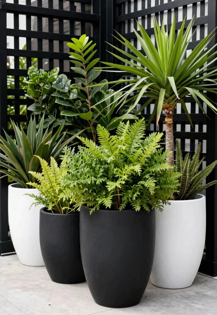 12 Black and White Patio Decor Ideas That Feel Modern Not Stark - 3. Bold Planters for a Fresh Touch 1
