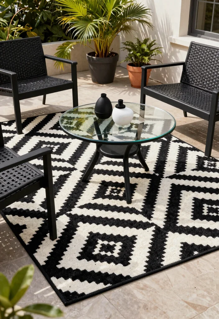 12 Black and White Patio Decor Ideas That Feel Modern Not Stark - 5. Statement Rugs 1