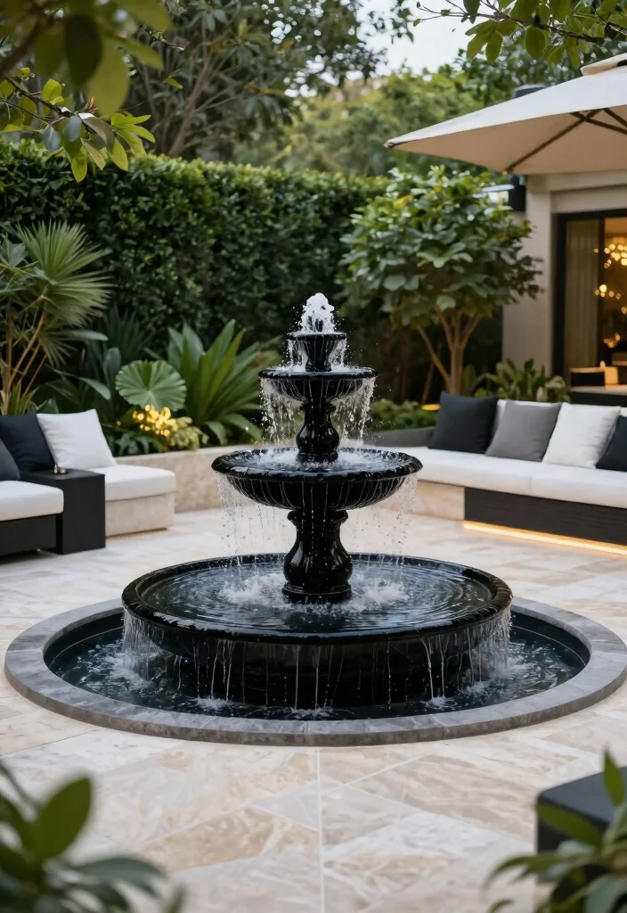 12 Black and White Patio Decor Ideas That Feel Modern Not Stark - 8. Stylish Water Features 1