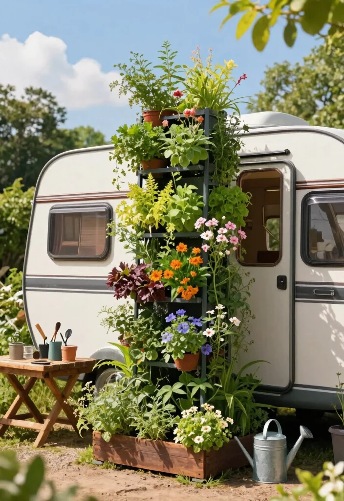 12 Camper Outdoor Arrangement Ideas That Fit in One Storage Bin - 1. Vertical Garden Towers 1