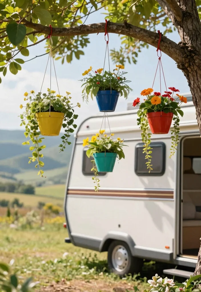 12 Camper Outdoor Arrangement Ideas That Fit in One Storage Bin - 4. Hanging Planters 1