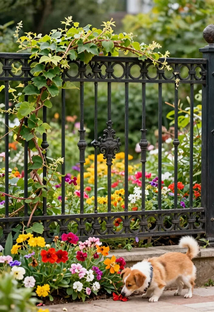 12 Dog Yard Fence Ideas That Keep Diggers In and Out of View - 2. Decorative Wrought Iron Fencing 1