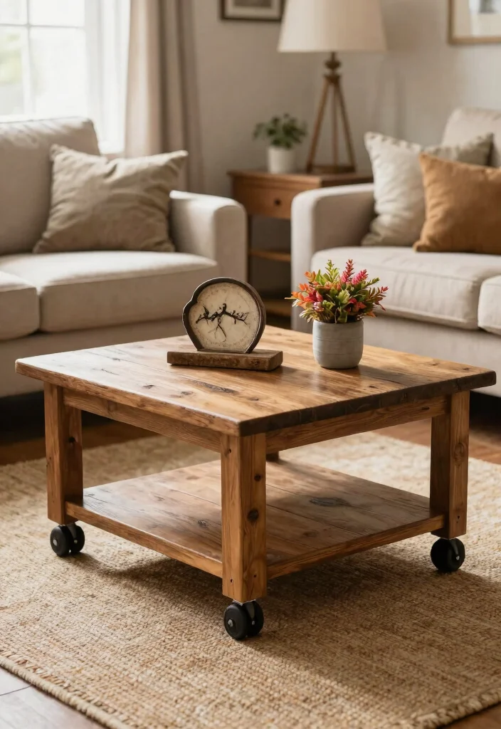 12 Farmhouse Coffee Table Ideas That Hide Clutter and Remotes - 10. Rustic Coffee Table with Wheels 1