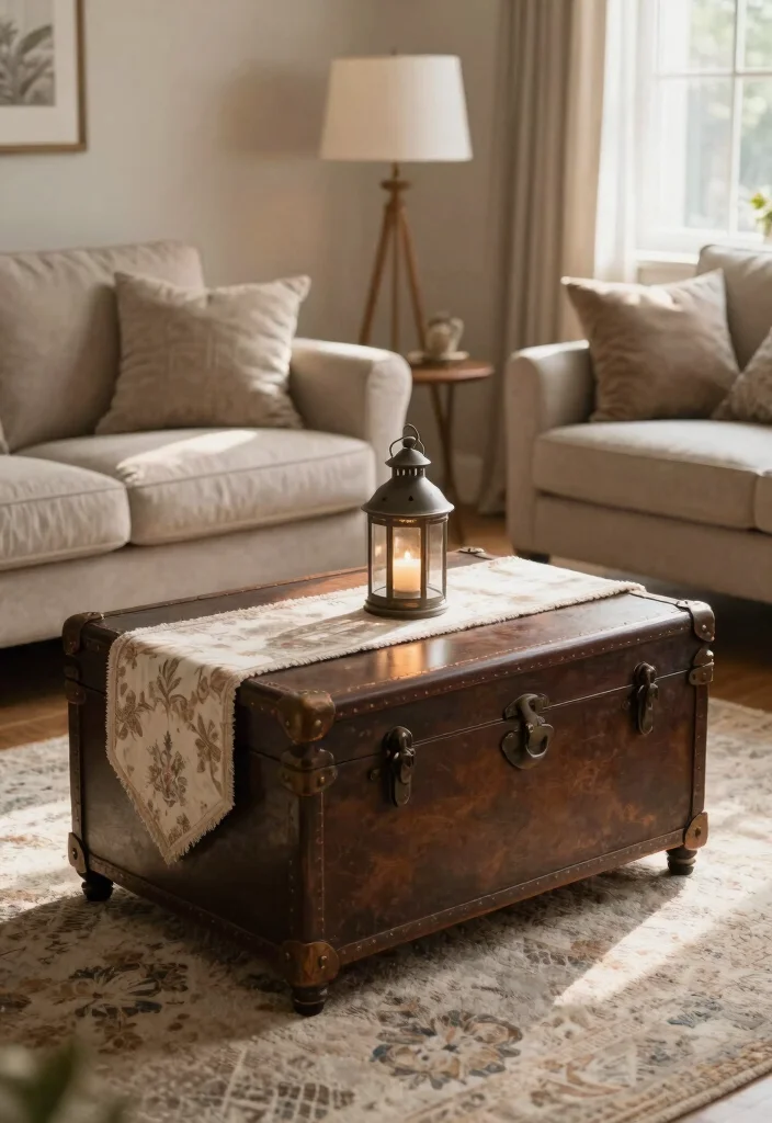 12 Farmhouse Coffee Table Ideas That Hide Clutter and Remotes - 2. Vintage Trunks as Coffee Tables 1