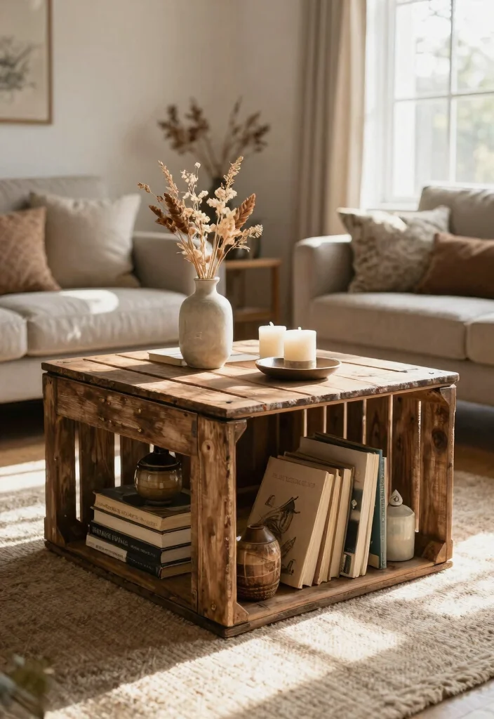 12 Farmhouse Coffee Table Ideas That Hide Clutter and Remotes - 5. Rustic Crate Coffee Tables 1
