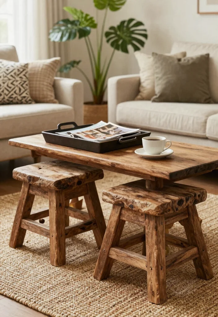 12 Farmhouse Coffee Table Ideas That Hide Clutter and Remotes - 7. Farmhouse Style Stools as Coffee Tables 1