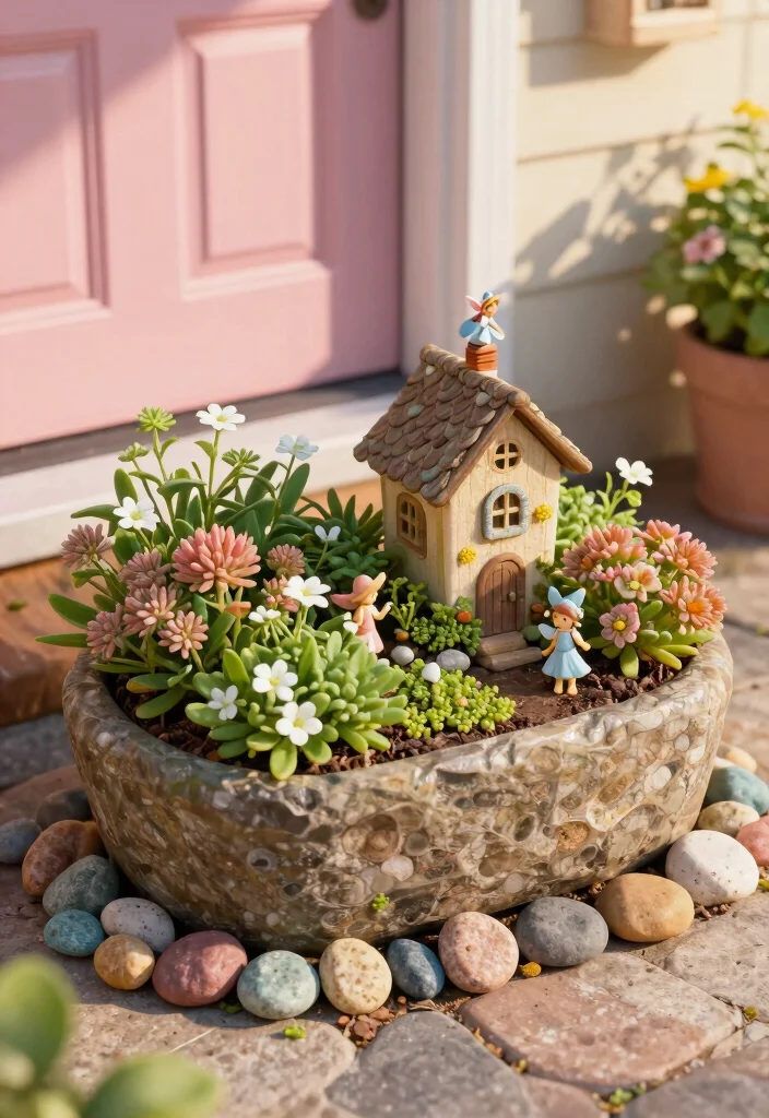 12 Front Door Planter Ideas That Survive Without Daily Watering - 7. Whimsical Fairy Garden 1