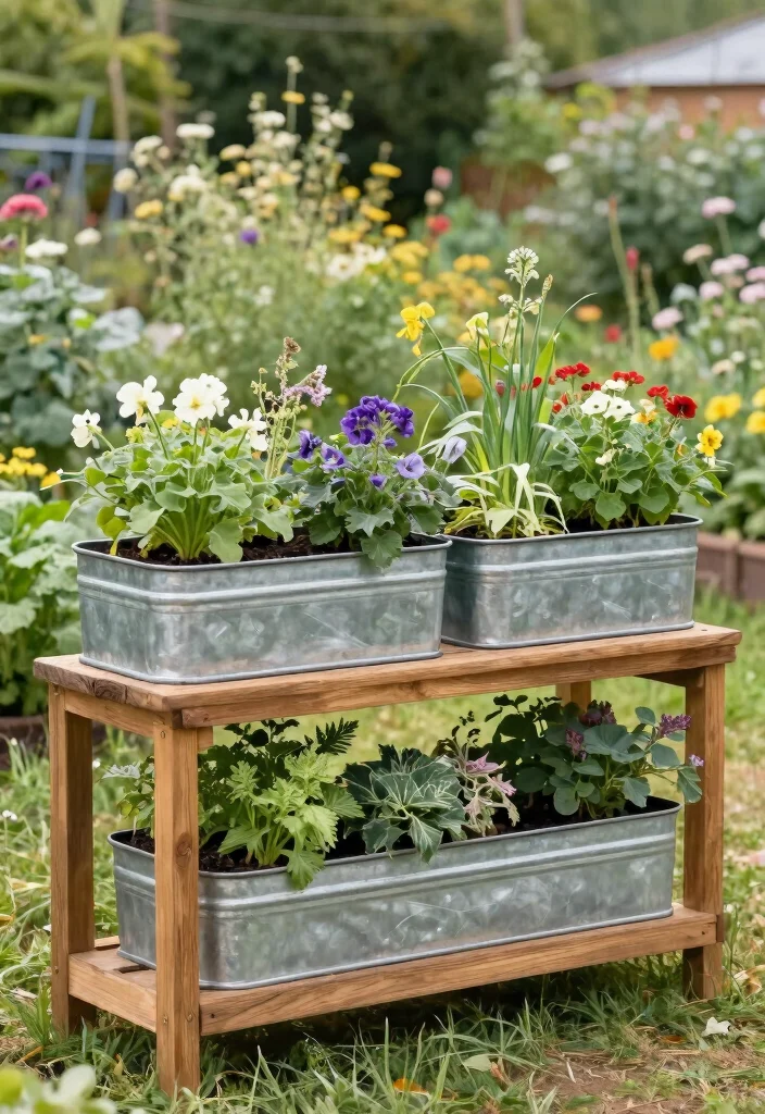 12 Metal Trough Planter Ideas That Don't Overheat Roots - 3. Rustic Wooden Frame with Metal Troughs 1