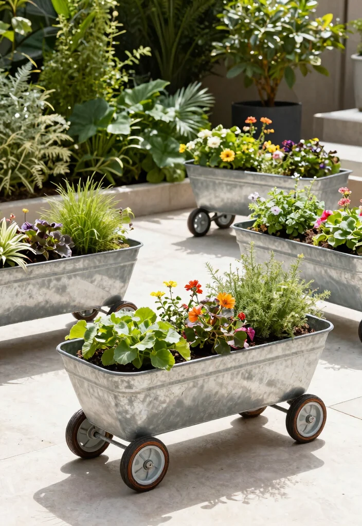 12 Metal Trough Planter Ideas That Don't Overheat Roots - 9. Metal Troughs on Wheels 1
