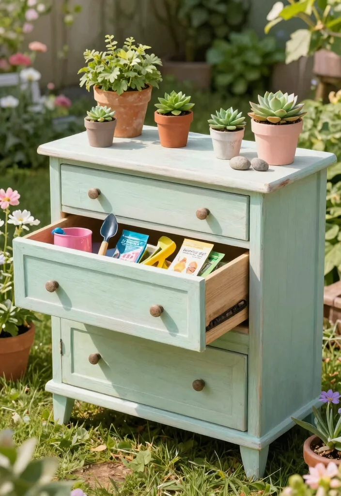 12 Outdoor Potting Bench Ideas That Keep All Your Tools in One Spot - 3. Repurposed Furniture Potting Bench 1