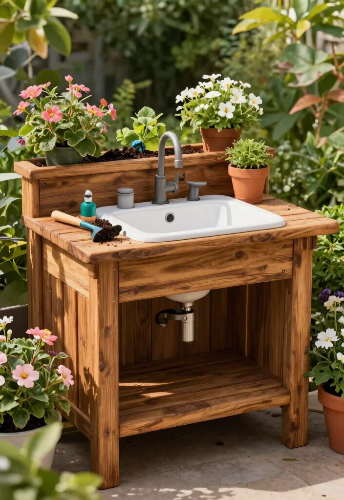 12 Outdoor Potting Bench Ideas That Keep All Your Tools in One Spot - 5. Compact Potting Bench with a Sink 1