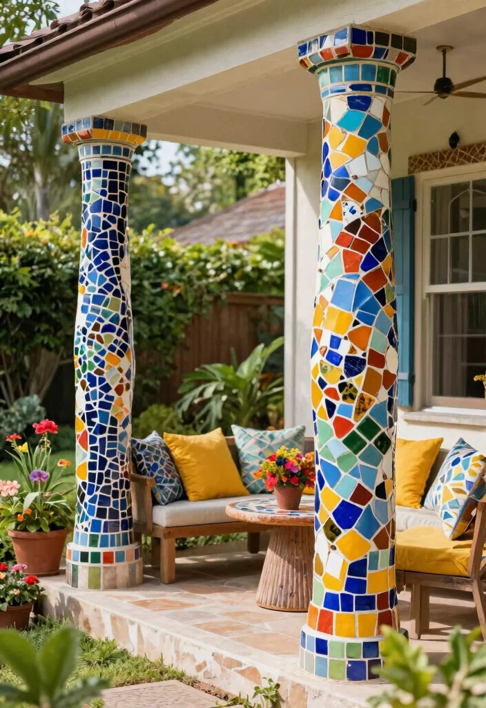 12 Porch Post Wraps That Hide Damaged or Outdated Columns - 6. Engaging Mosaic Designs 1