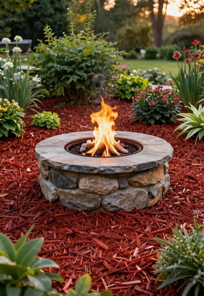 14 Flagstone Fire Pit Ideas That Drain Water and Stay Dry - 12. Flagstone Fire Pit with Mulch Surround 1