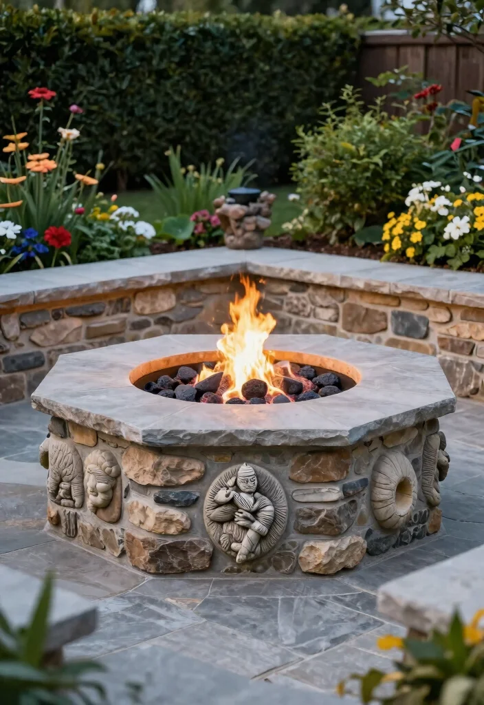 14 Flagstone Fire Pit Ideas That Drain Water and Stay Dry - 14. Custom Flagstone Fire Pit with Decorative Features 1
