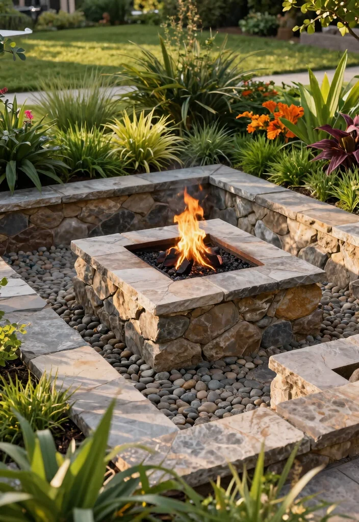 14 Flagstone Fire Pit Ideas That Drain Water and Stay Dry - 2. Flagstone Fire Pit with Stone Drainage Trenches 1