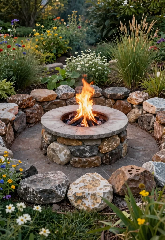 14 Flagstone Fire Pit Ideas That Drain Water and Stay Dry - 5. Flagstone Fire Pit Surrounded by Drainage Rocks 1