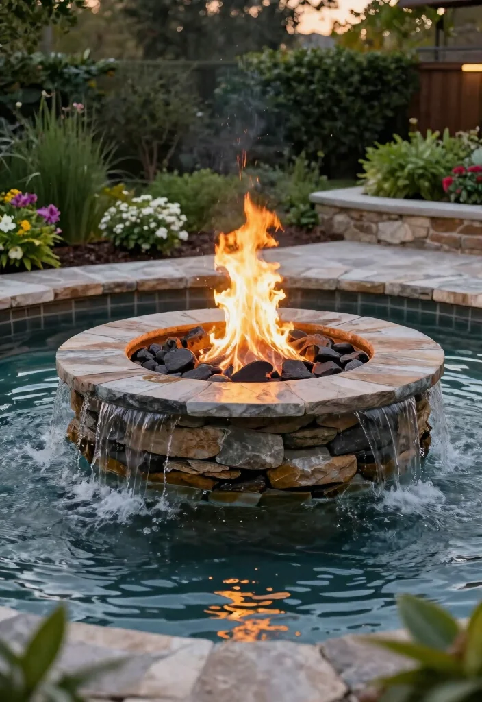 14 Flagstone Fire Pit Ideas That Drain Water and Stay Dry - 6. Multi-level Flagstone Fire Pit with Water Features 1