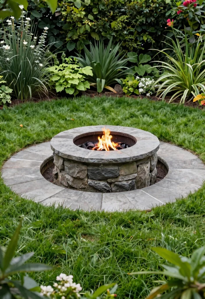 14 Flagstone Fire Pit Ideas That Drain Water and Stay Dry - 7. Flagstone Fire Pit with Grass Pavers 1