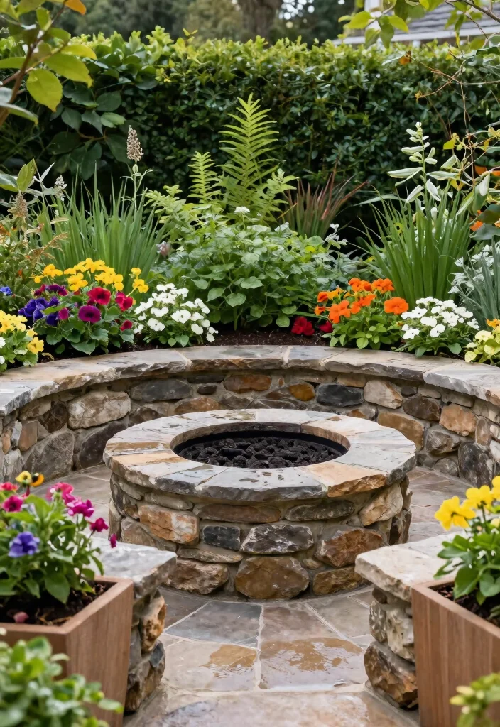 14 Flagstone Fire Pit Ideas That Drain Water and Stay Dry - 8. Fire Pit with Built-in Planters for Drainage 1