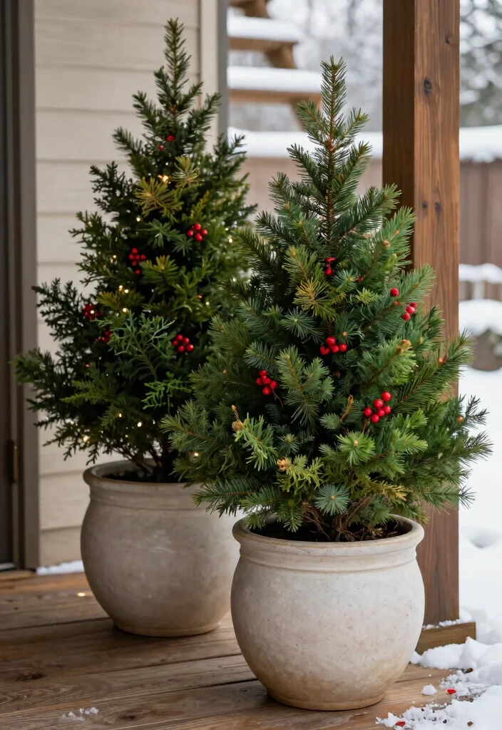 14 Front Porch Christmas Decor Ideas That Don't Blow Away in Wind - 2. Heavy Planters with Evergreens 1