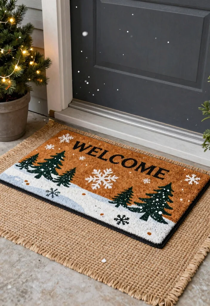 14 Front Porch Christmas Decor Ideas That Don't Blow Away in Wind - 4. Festive Welcome Mats 1