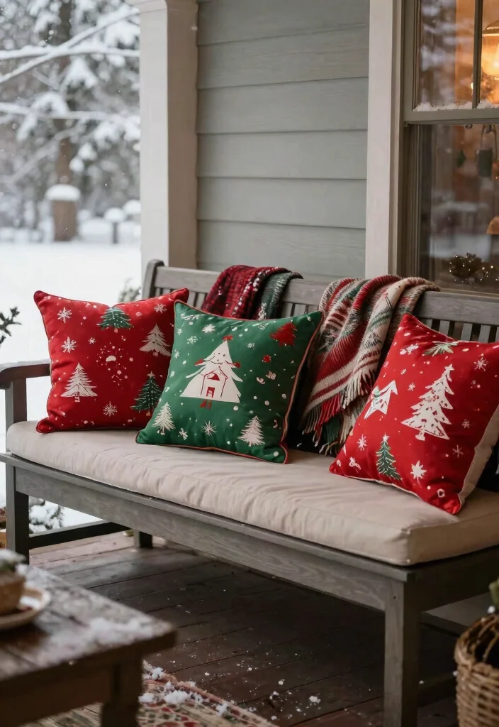 14 Front Porch Christmas Decor Ideas That Don't Blow Away in Wind - 8. Festive Outdoor Pillows 1
