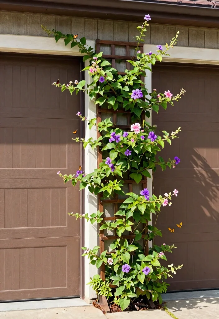 14 Garage Door Planter Ideas That Hide Cracks and Boost Curb Appeal - 11. Trellis with Climbing Plants 1
