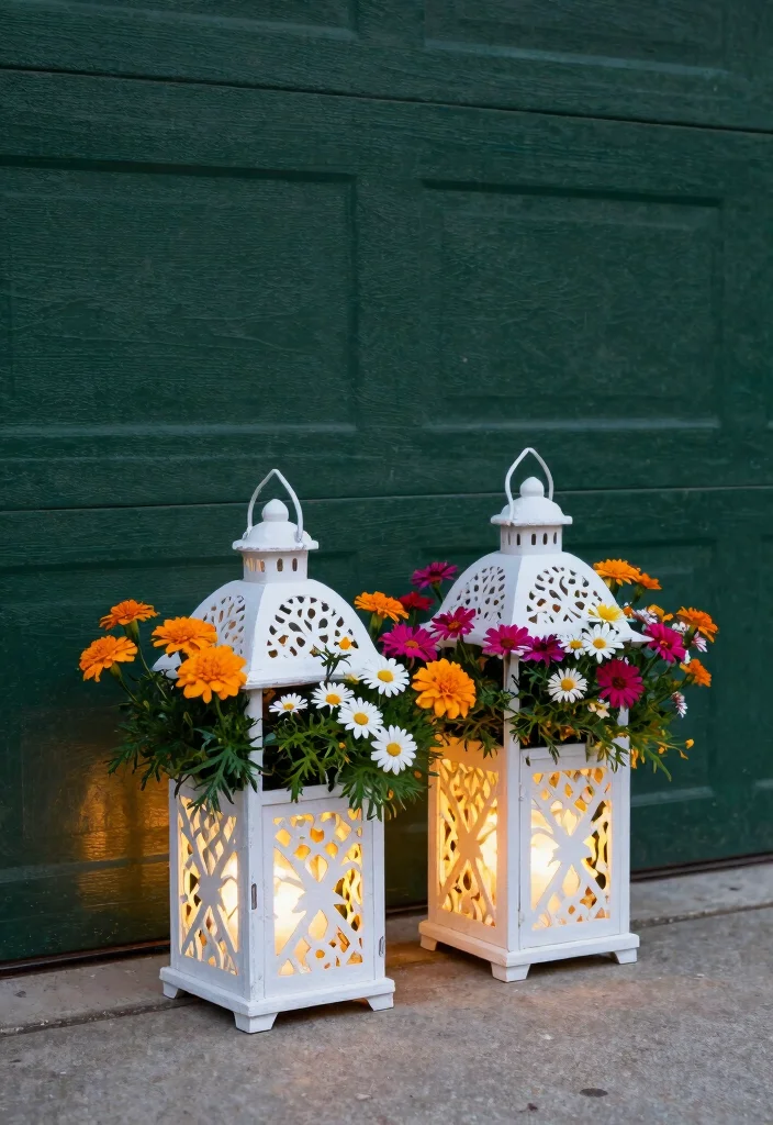 14 Garage Door Planter Ideas That Hide Cracks and Boost Curb Appeal - 12. Lantern Planters 1