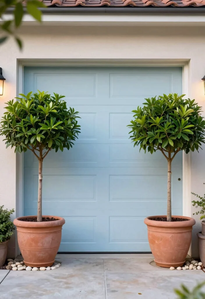 14 Garage Door Planter Ideas That Hide Cracks and Boost Curb Appeal - 13. Potted Trees 1