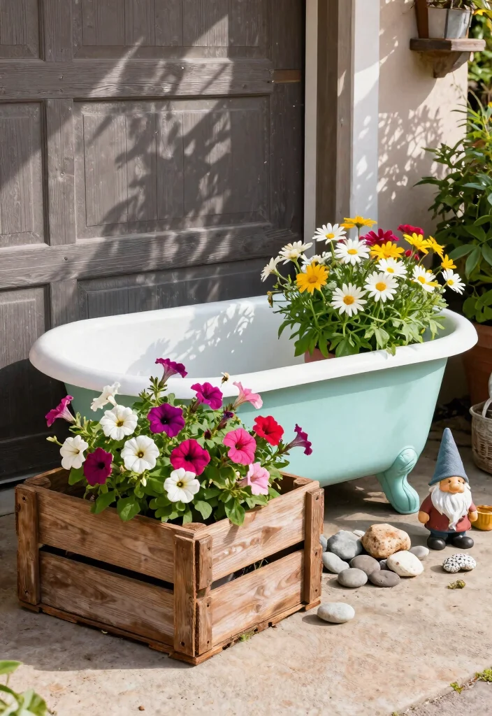 14 Garage Door Planter Ideas That Hide Cracks and Boost Curb Appeal - 5. Recycled Materials Planters 1