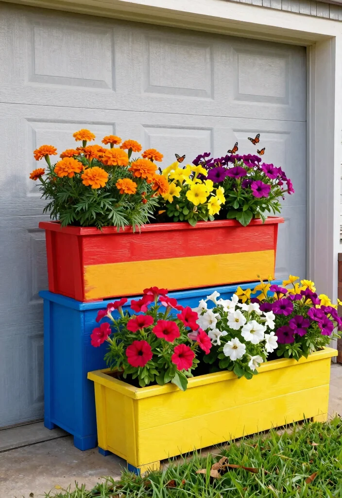 14 Garage Door Planter Ideas That Hide Cracks and Boost Curb Appeal - 9. Colorful Planter Boxes 1