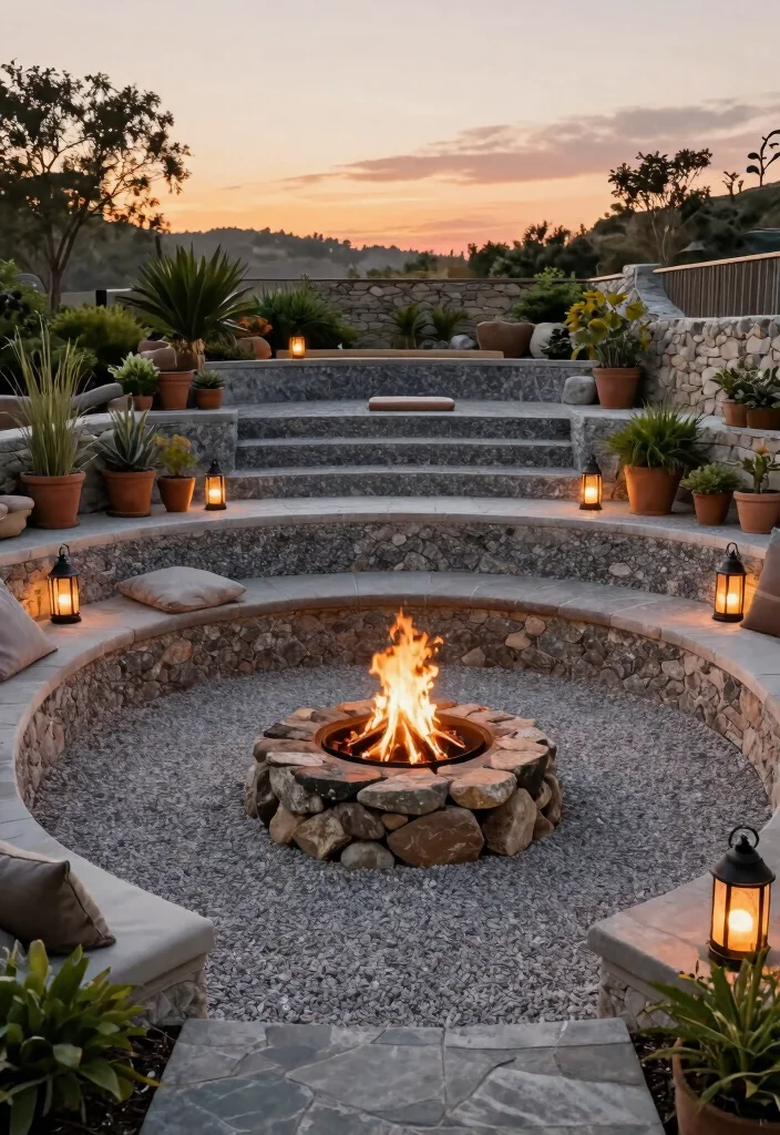 14 Gravel Fire Pit Ideas That Contain Sparks and Cleanup Easily - 2. Multi-Level Gravel Oasis 1