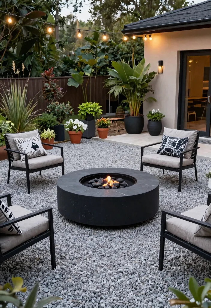 14 Gravel Fire Pit Ideas That Contain Sparks and Cleanup Easily - 3. Stylish Gravel Patio Fire Pit 1