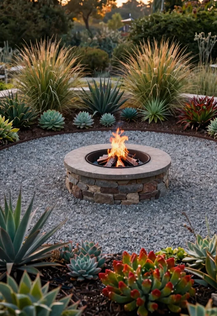 14 Gravel Fire Pit Ideas That Contain Sparks and Cleanup Easily - 7. Gravel Fire Pit with Surrounding Plants 1