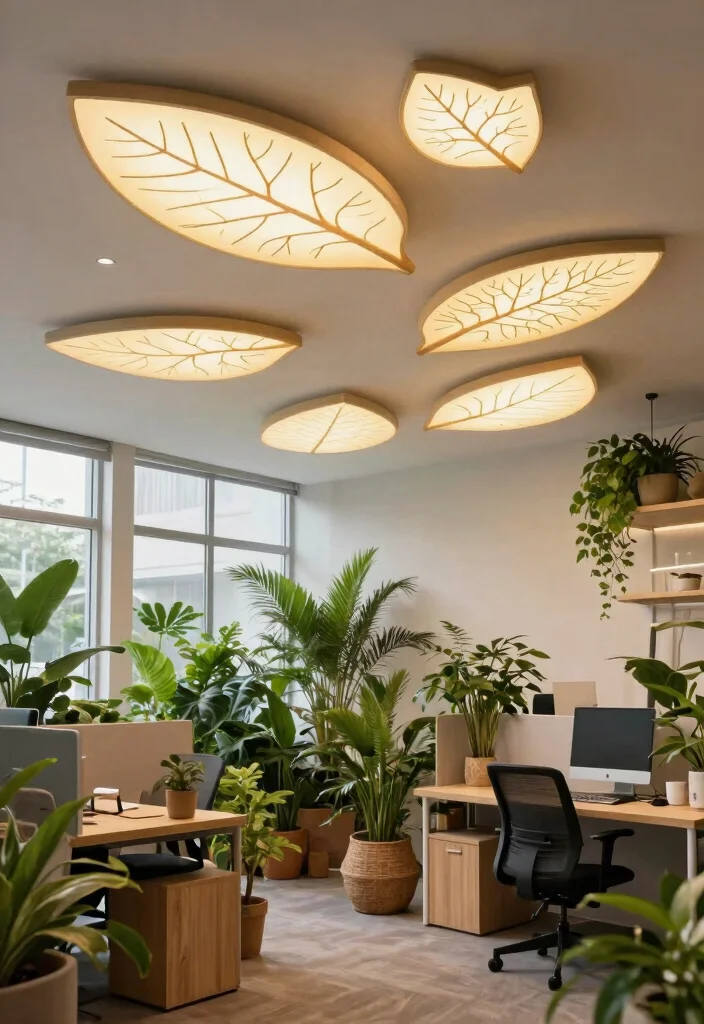 14 Office Ceiling Light Ideas That Don't Create Screen Glare - 11. Biophilic Design with Ceiling Lights 1