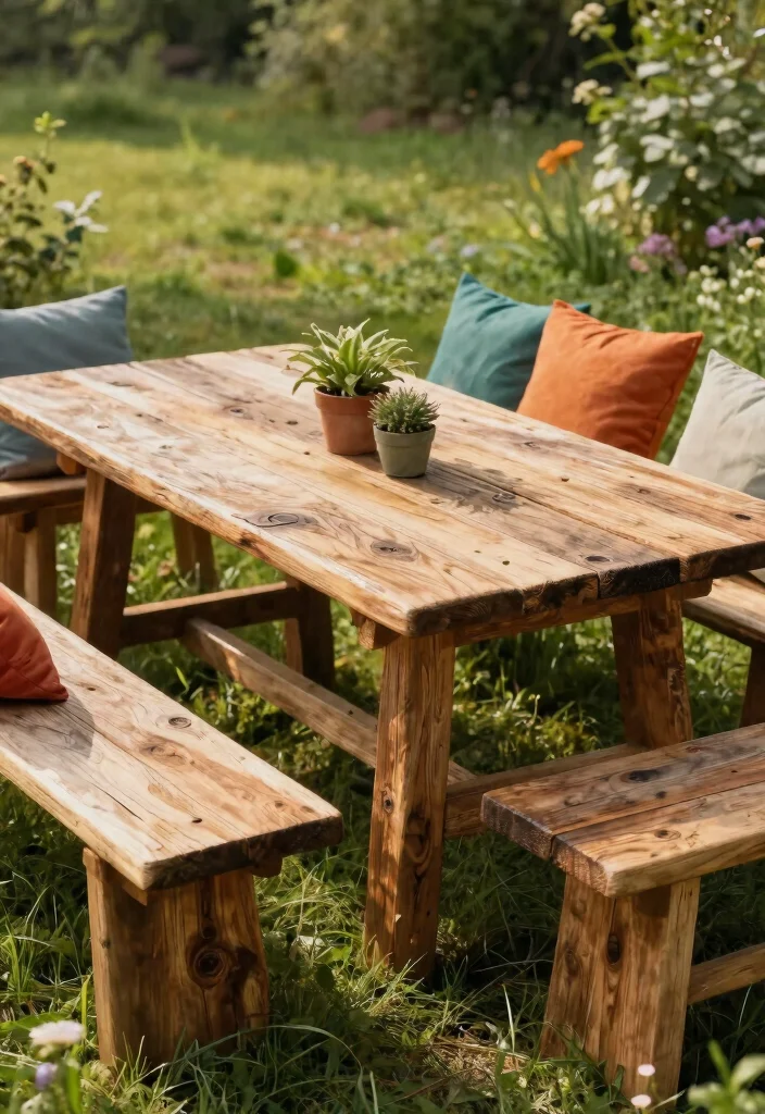 14 Wood Patio Furniture Concepts That Don't Warp or Crack - 1. Reclaimed Wood Table and Benches 1