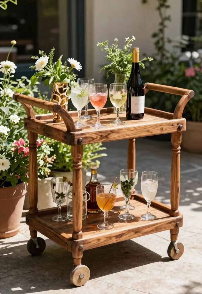 14 Wood Patio Furniture Concepts That Don't Warp or Crack - 6. Rustic Wooden Bar Cart 1