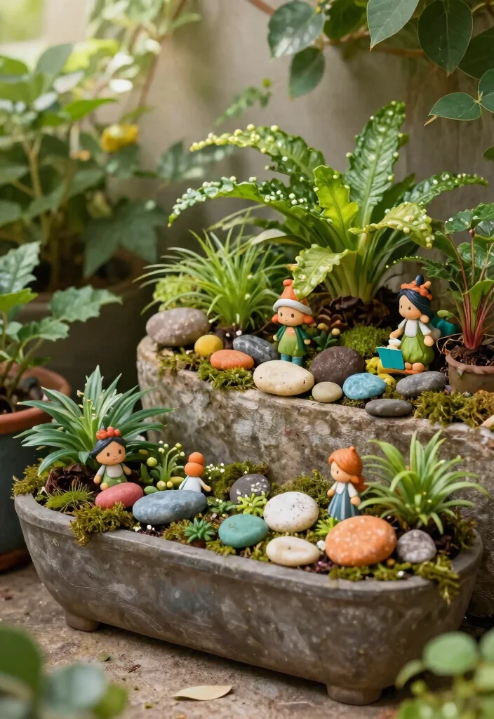 14 Wood Planter Box Ideas That Hide Ugly Foundation Walls - 12. Whimsical Fairy Garden Planters 1