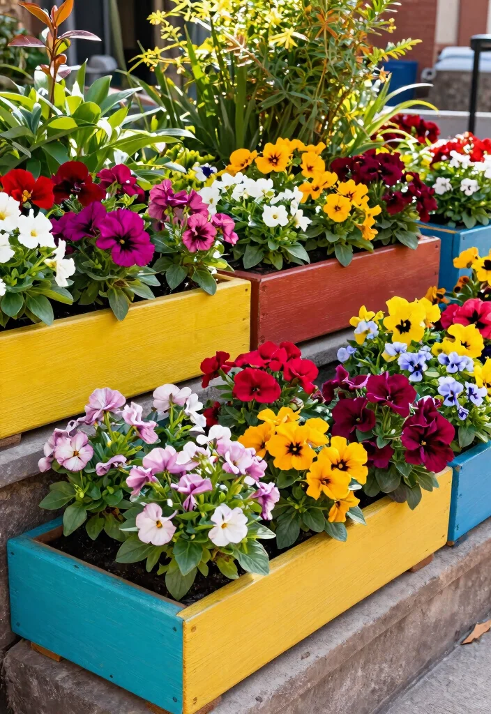 14 Wood Planter Box Ideas That Hide Ugly Foundation Walls - 13. Brightly Painted Flower Boxes 1
