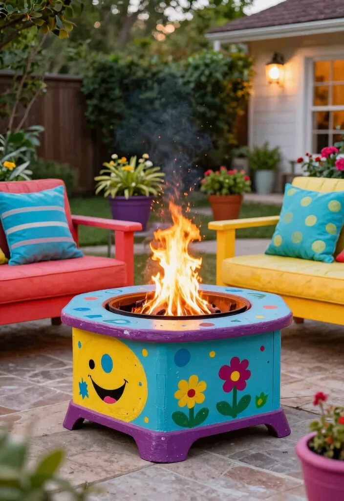 15 Backyard Corner Fire Pit Ideas That Make Dead Space Useful - 10. Colorful Painted Fire Pit 1