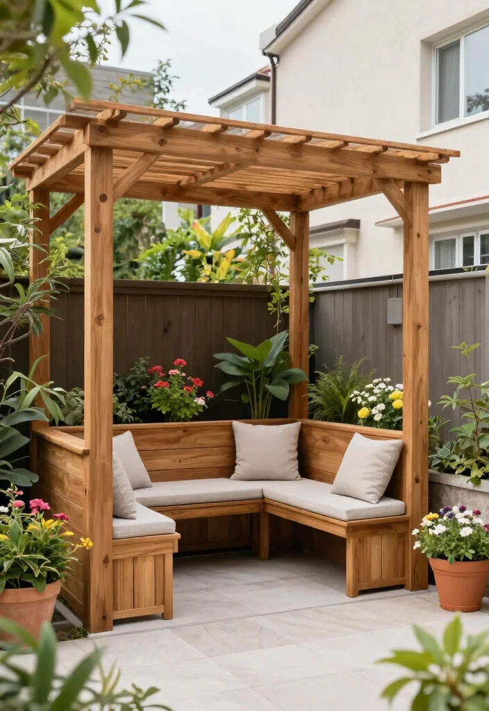 15 Modern Pergola Ideas for Small Backyards and Tight Budgets - 10. Pergola with Built-In Seating 1