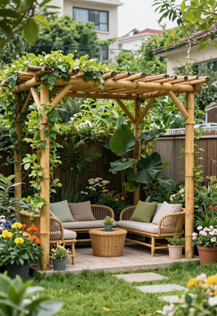 15 Modern Pergola Ideas for Small Backyards and Tight Budgets - 14. Eco-Friendly Bamboo Pergola 1